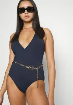 MICHAEL Michael Kors CHAIN V NECK HALTER ONEPIECE BELT - Swimsuit - Navy -MICHAEL Michael Kors shop 9fc7a5579fe545c4afd143e22fdf6754